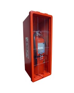The Fire Extinguisher & Cabinet includes a 20 lb (9 kg) capacity, Type ABC fire extinguisher and a front-loading cabinet.