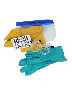 1) Disposable face shield, (1) Safety glasses, (1) Nitrile gloves, (1) Disposable Apron, (1) Latex Over boots.
